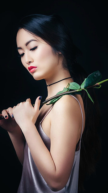 flower, rose, lipstick, model, brunette, woman, asian HD phone wallpaper