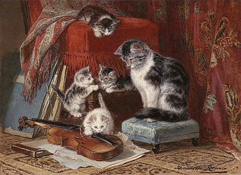 Cats, kitten, art, cat, violin, playful, pisica, instrument, painting, pictura, henriette ronner knip, red HD wallpaper