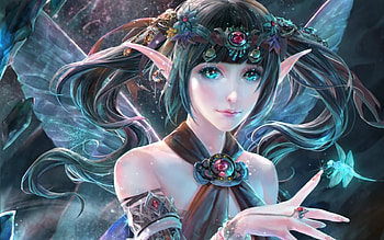 Fairy, blue, black, art, girl, hand, yu-han, pink, fantasy, dragonfly, luminos HD wallpaper