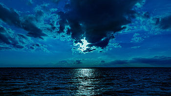 Night Moon Sea Sky Blue , moon, night, nature, sea, clouds, blue HD wallpaper