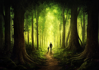 Children Walking With Dad Journey To Forest, artist, artwork, digital-art, deviantart, forest, child, father HD wallpaper