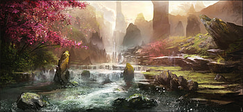 Fantasy, Landscape, Blossom, Flower, Spring, Waterfall HD wallpaper