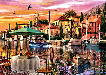 Sunset Harbour F, artwork, harbour, wide screen, painting, art, boats, beautiful, illustration HD wallpaper