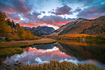 Sunset on the High Sierras, California, reflection, autumn, mountains, lake, sunset, usa HD wallpaper