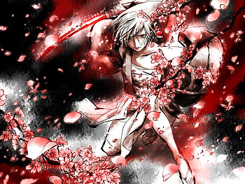Meiko, kimono, red eyes, vocaloid, bandages, lone, petals, flower petals, female, sword, girl, weapons, white hair, branches, flowers, katana, solo HD wallpaper