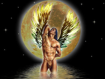 Male Angel In Front Of Moon, angel, moon, water, male HD wallpaper