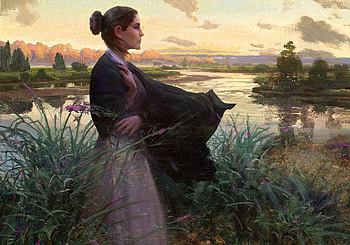 Sunset, rembert montald, art, wman, girl, water, lake, dark, fantasy HD wallpaper