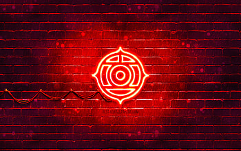 Hitachi red logo, , red brickwall, Hitachi logo, brands, Hitachi neon logo, Hitachi HD wallpaper
