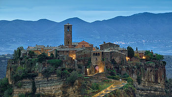 italy live, hills, tower, lights, building, road, rocks, village HD wallpaper