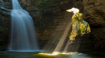 amazing cavern with waterfall, opening, waterfall, cave, pool, sun rays HD wallpaper