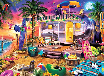 Beach Holiday, beach, umbrella, holiday, palm tree, moon, airstream, camp fire, parrot HD wallpaper