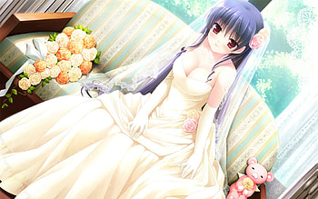 The bride, wedding, anime, pretty, veil, flowers, bride, gown, lovely HD wallpaper
