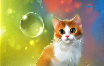 Autumn Bloom, animal, white, art, cat, pink, drop, apofiss, green, yellow, bubble, water HD wallpaper