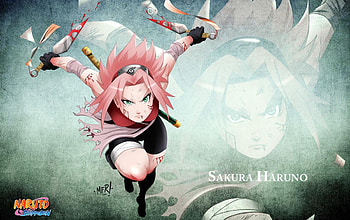 Sakura Haruno, headband, kunai, ninja, haruno sakura, shinobi, blood, female, sword, girl, pink hair, weapons, naruto shippuuden, anime, sakura, kunoichi, green background, green eyes HD wallpaper