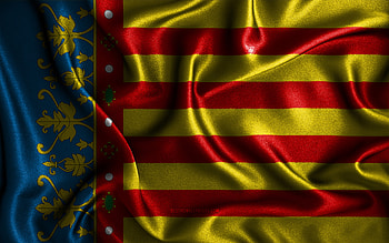 Valencia flag, , silk wavy flags, spanish cities, Day of Valencia, Flag of Valencia, fabric flags, 3D art, Valencia, cities of Spain, Valencia 3D flag HD wallpaper
