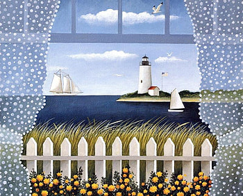 looking to the light, sea, curtains, ship, window, grass, sailboat, fence, clouds, flowers, sky HD wallpaper