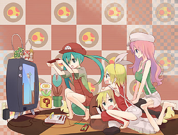 Playing Videogames, mario game, hatsune miku, megurine luke, kagamine rin, vocaloid, kagamine len HD wallpaper