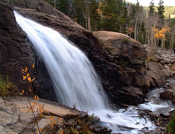 Alberta Falls, falls, trees, sky, rock HD wallpaper