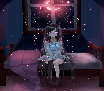 Crying, night, sweet, bed, window, cry, tears, cute, girl, beautiful, beauty, dark, sad, anime, moon, pretty, lovely HD wallpaper