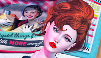 Redhead, blue, rendering, girl, orange, fantasy, red, face, lips, luminos HD wallpaper