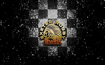 Exeter Chiefs, glitter logo, Premiership Rugby, white black checkered background, rugby, english rugby club, Exeter Chiefs logo, mosaic art HD wallpaper