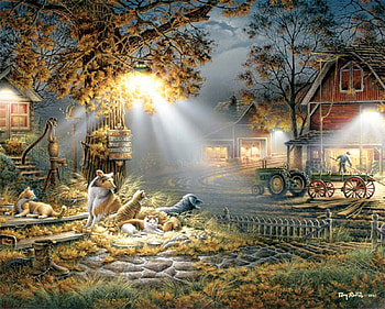 Our Friends, artwork, barn, painting, light, dogs, farm, tree HD wallpaper
