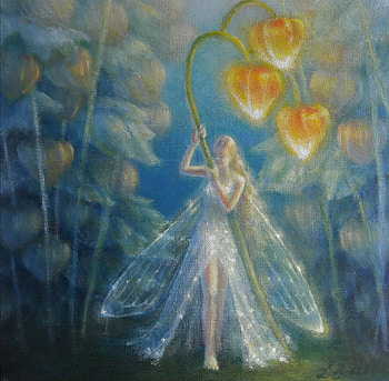The Guiding Light, blue, art, lynne bellchamber, girl, orange, fairy, painting, fantasy, light, lantern, luminos HD wallpaper