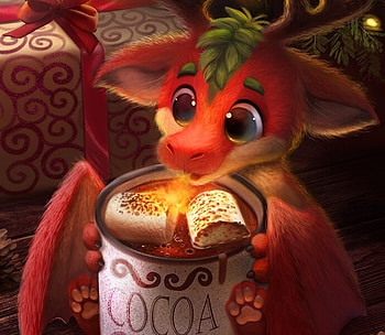 Extra Hot Cocoa, craciun, art, fantasy, christmas, cute, dragon, cocoa, cup, piper thibodeau HD wallpaper