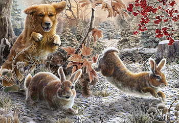 Chasing rabbits, dog, animal, illustration, rabbit HD wallpaper