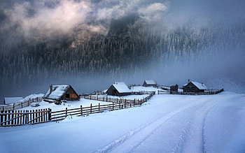 Winter Cabins, snow, fence, landscape, clouds, sky HD wallpaper