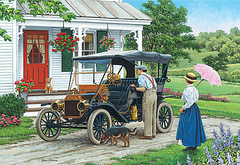 That New Car Smell, painting, house, man, trees, woman, countryside HD wallpaper