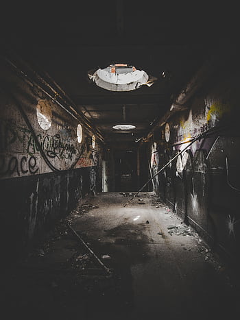 Discover the eerie charm of an abandoned hallway adorned with graffiti and light peeking through. HD phone wallpaper