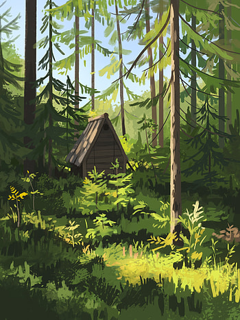 Art, Forest, Paint, Hut HD phone wallpaper