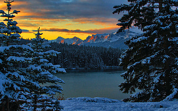 Sunrise after a clearing storm - Two Jack Lake, Banff National Park, Alberta, winter, snow, colors, clouds, trees, landscape, sky, canada HD wallpaper