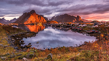 Lofoten Islands, Norway, reflections, sea, clouds, sky, water, mountains, village HD wallpaper