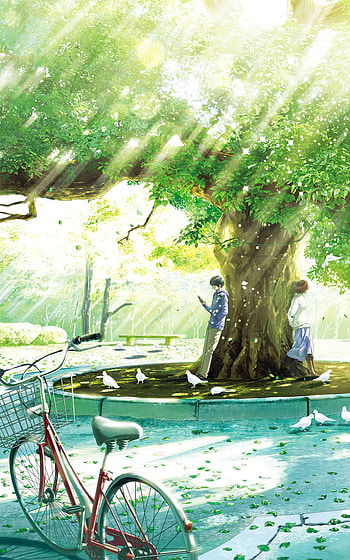 bicycle, sunbeam, tree, Anime, Original HD phone wallpaper