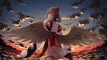 Aya Shameimaru, sunset, cute, wings, anime girl HD wallpaper