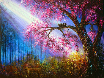 Walking in Shadow, birds, traditional art, paintings, sunbeam, landscapes, scenery, deer, trees, nature, beam, blossom HD wallpaper