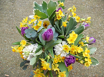 Flowers, Leaves, Tulips, Narcissussi, Bouquet, Note HD wallpaper