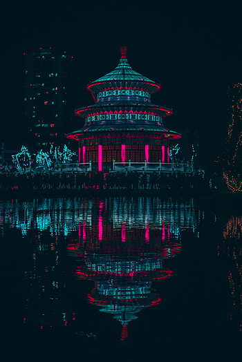 Water, Building, Reflection, Dark, Neon HD phone wallpaper