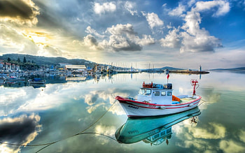 wonderful boat harbor in sunrise r, boats, clouds, marina, r, harbor, hill, sunrise, village HD wallpaper