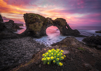 Seashore, cliff, rocks, sunset HD wallpaper