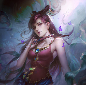 Fantasy girl, girl, fantasy, purple, hand fan, sentient, evantai HD wallpaper