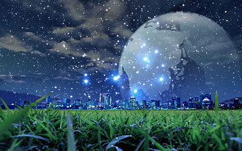 Landscape, Cities, Fantasy, Grass, Sky, Stars, Night, Moon HD wallpaper