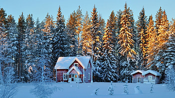 Last sunlight in Winter, snow, trees, landscape, sky, houses, forest, sunset HD wallpaper