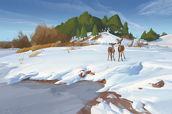 Winter, Art, Snow, Deers, Shore, Bank, Wildlife HD wallpaper