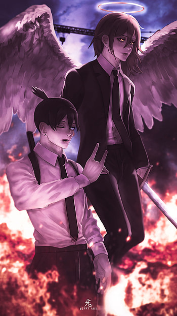 AKI AND ANGEL.D, angeldevil, art, chainsaw, angel, chainsawman, power, denji, anime, makima HD phone wallpaper