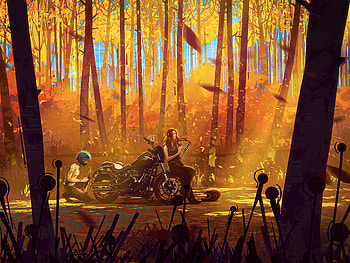 A Beautiful Autumn Biker Breakdown , biker, artist, artwork, digital-art, autumn, artstation HD wallpaper