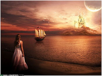 Wandering, sea, ship, bird, art, girl, fantasy, abstract, light, sky HD wallpaper