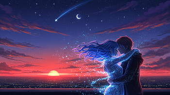 Couple Looking At Each Other Glowing Aura At Sunset, couple, love, star, sky, moon, city, artist, artwork, art, digital-art, ai, deviantart HD wallpaper